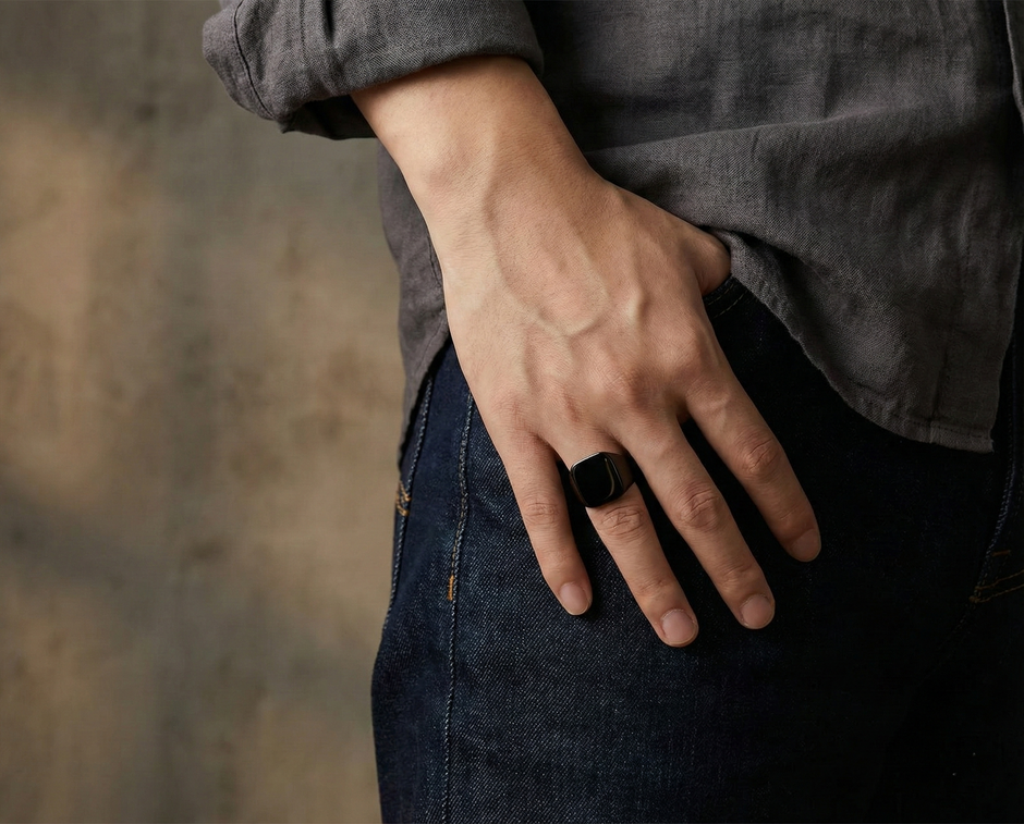 Gentle man wearing a SteelForce Black Ring for men - 316L stainless steel band on a blurred background