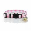 Pink and white checkered cat collar with a black buckle and heart-shaped tag on a white background