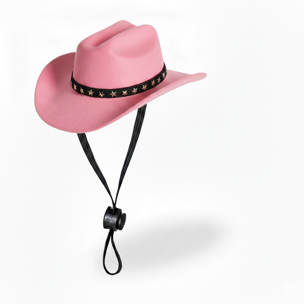 Pink cowboy pet hat with a black band on a white background
