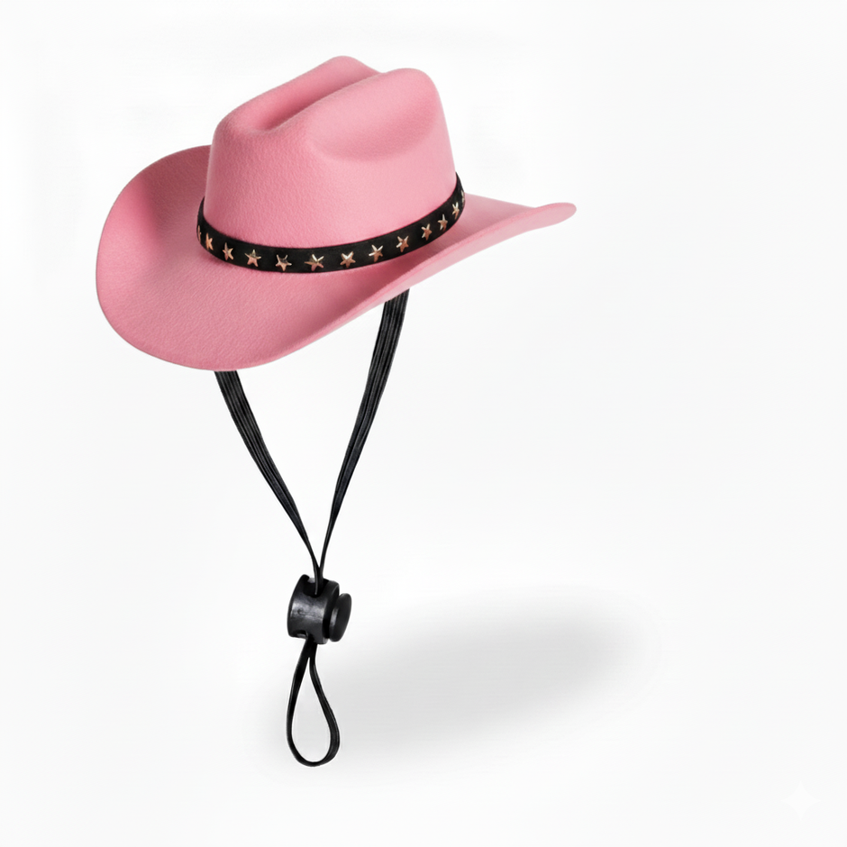 Pink cowboy pet hat with a black band on a white background