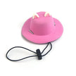 Pink cowboy pet hat with a black lanyard on a white background