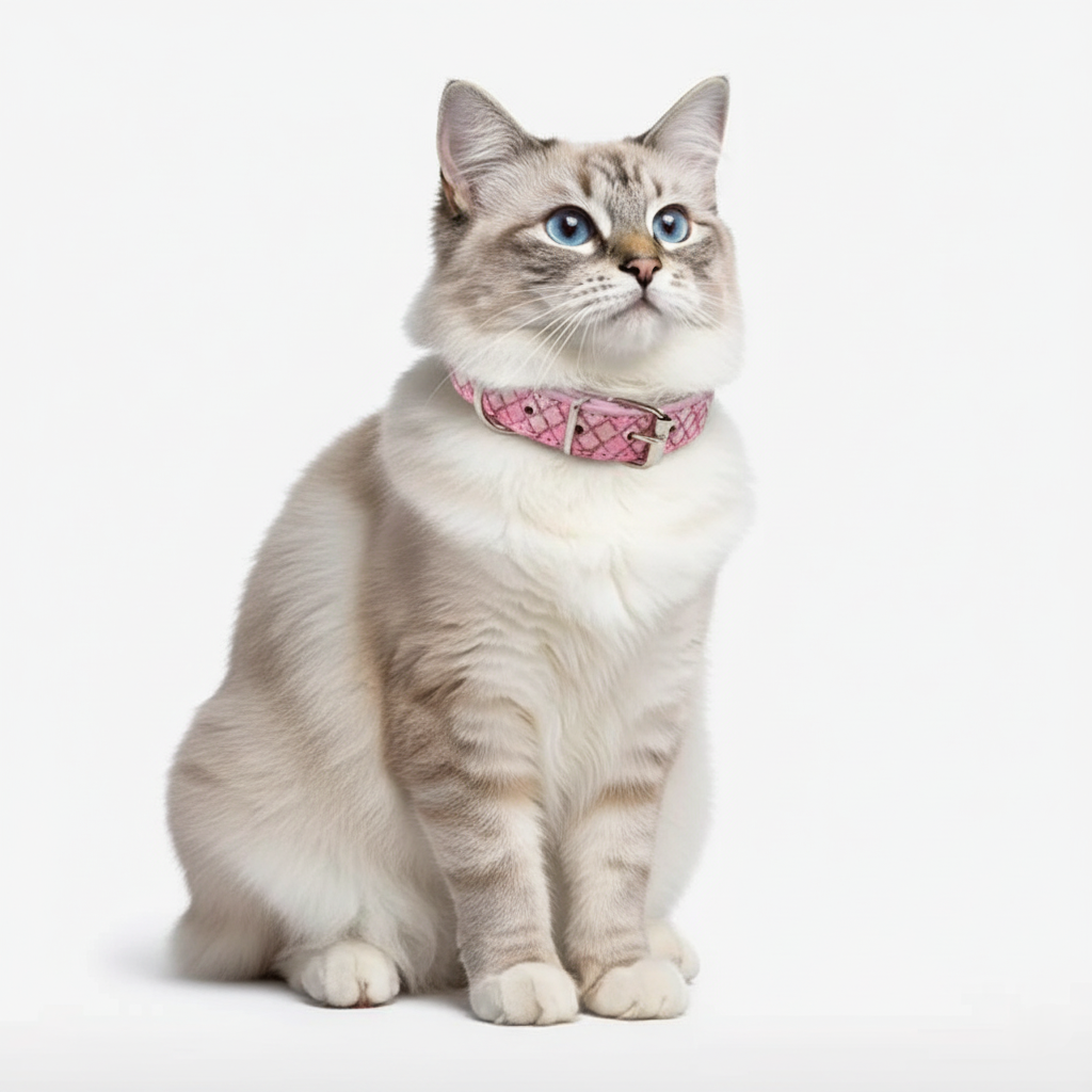 Cat wearing a pink collar on a white background