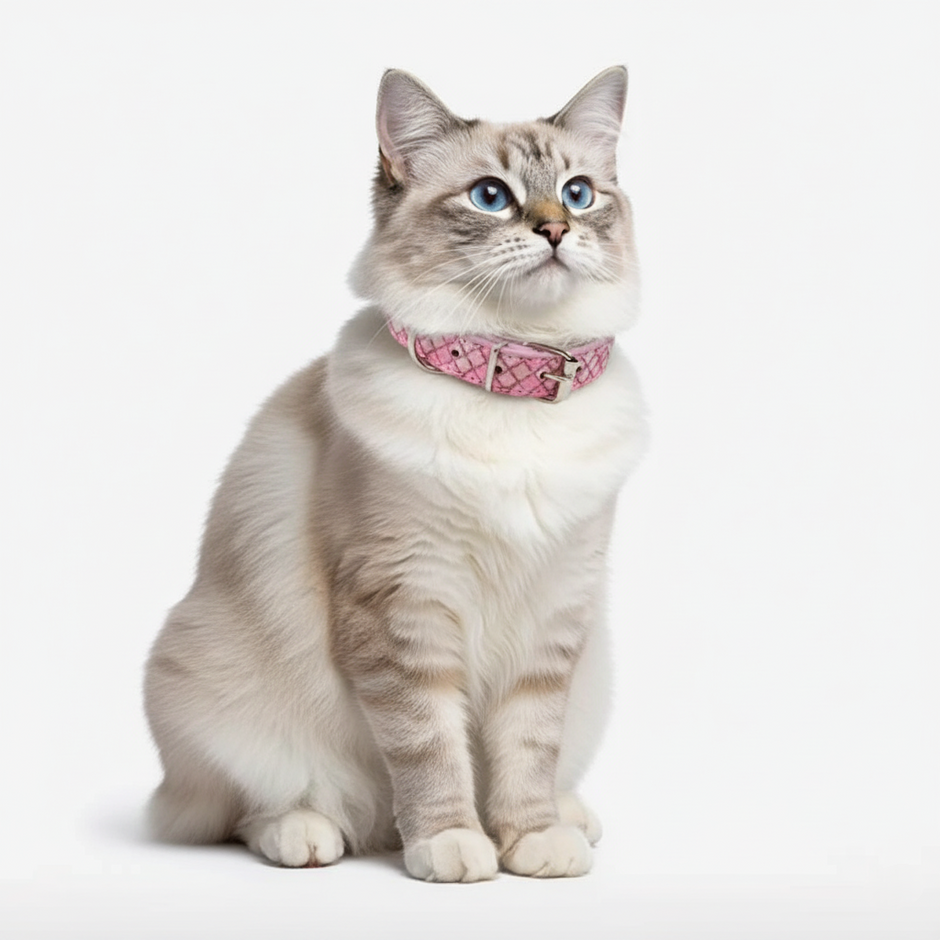 Cat wearing a pink collar on a white background