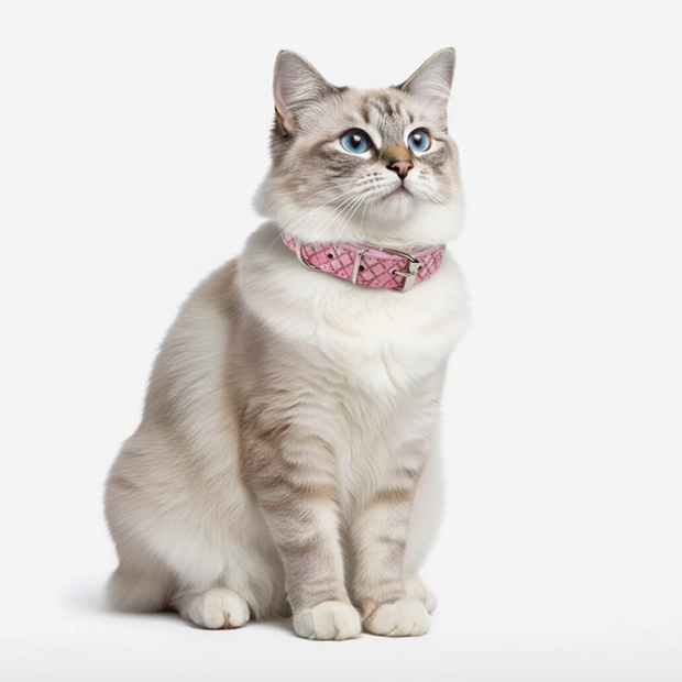 Cat wearing a pink collar on a white background