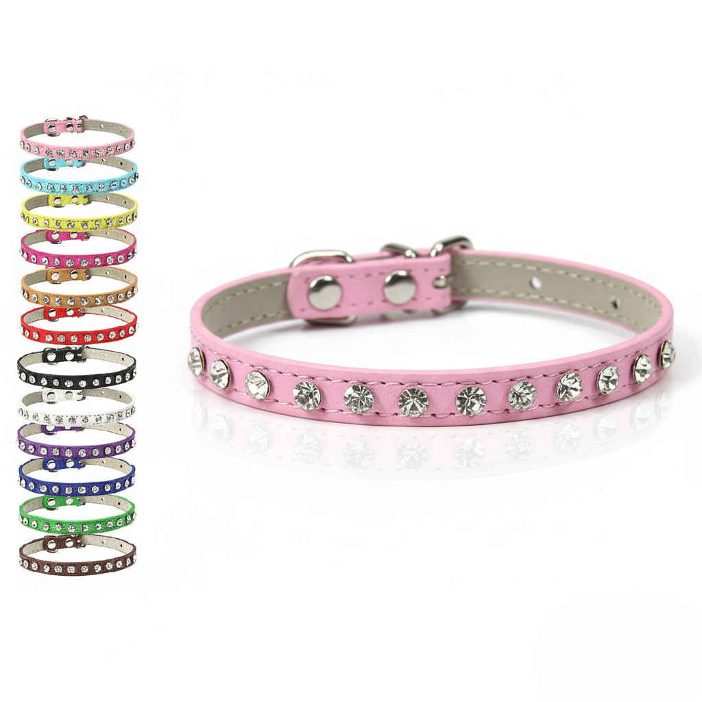 Pink dog collar with rhinestones and a set of colorful collars on a white background