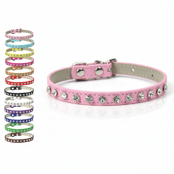 Pink dog collar with rhinestones and a set of colorful collars on a white background
