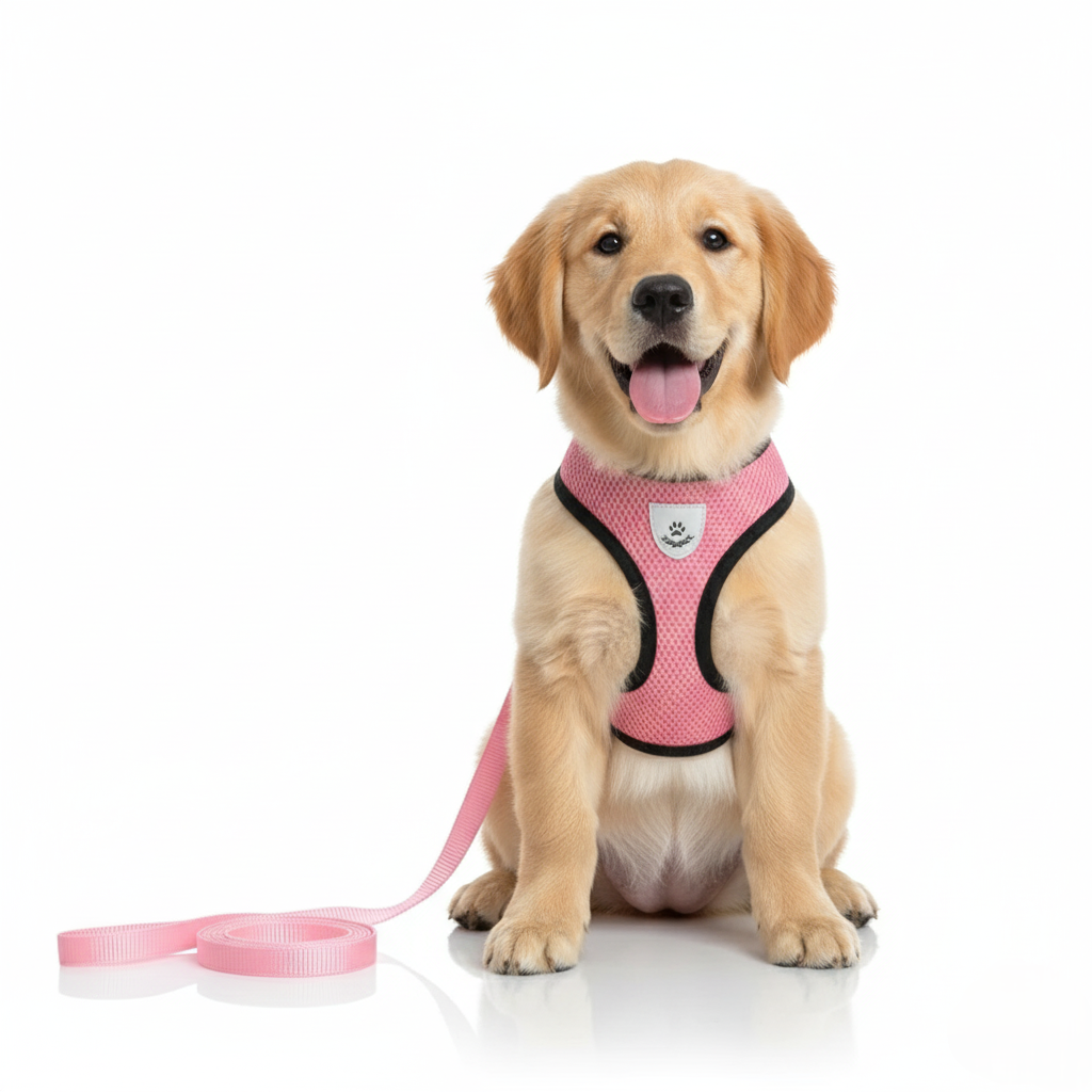 Dog wearing a pink harness and leash on a white background