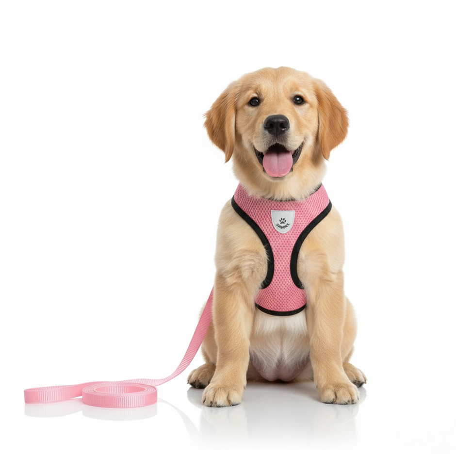Dog wearing a pink harness and leash on a white background