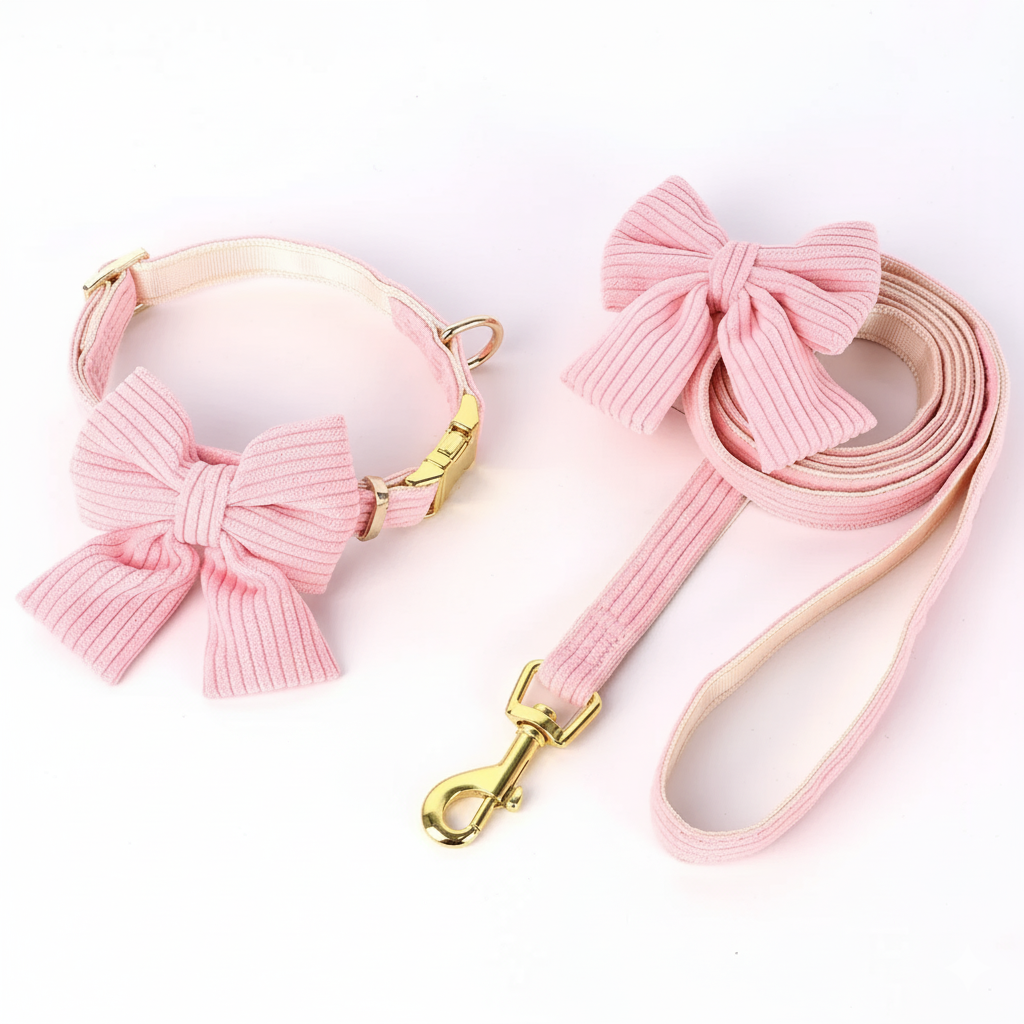 Pink dog set collar + leash with a bow and gold clasp on a white background
