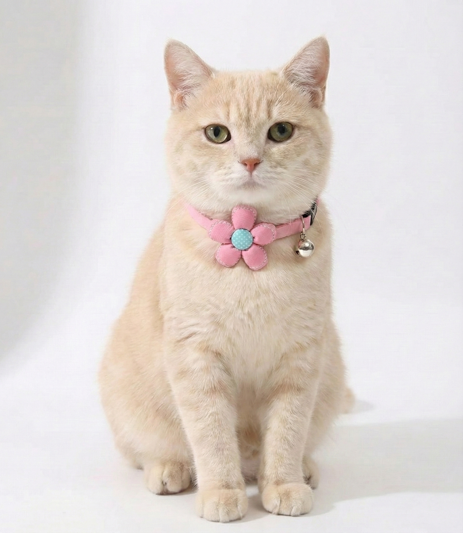 Cat wearing a Pink Chic Floral Bell Collar with a bell, looking playful.
