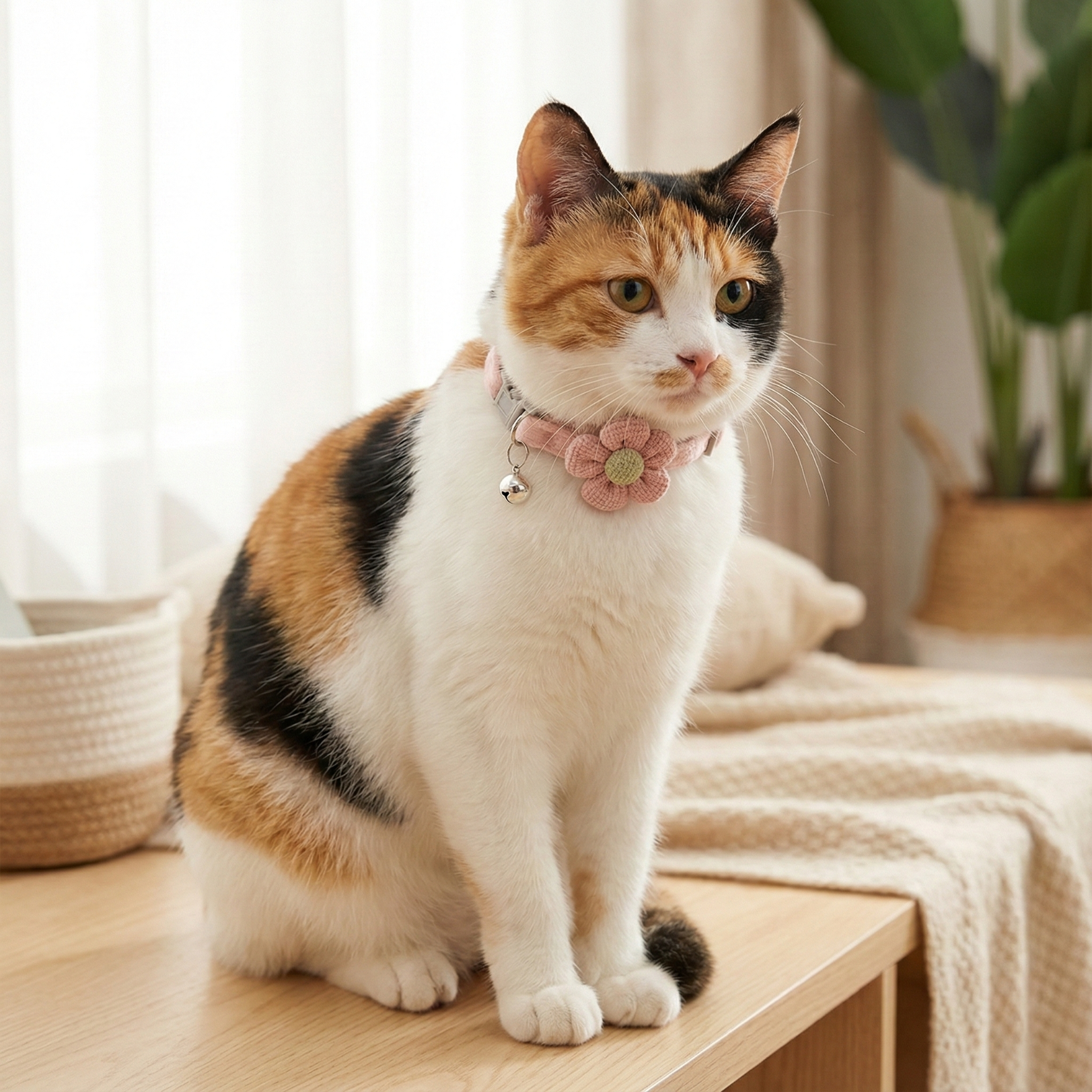Calico cat wearing a pink collar with a flower design on a wooden surface.