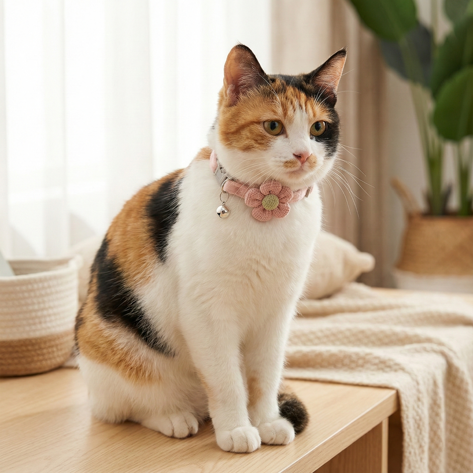 Calico cat wearing a pink collar with a flower design on a wooden surface.
