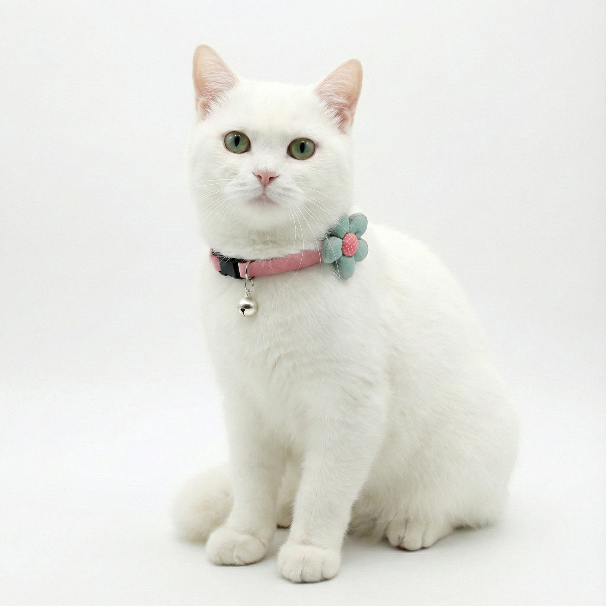 White cat wearing a pink collar with a turquoise flower and bell