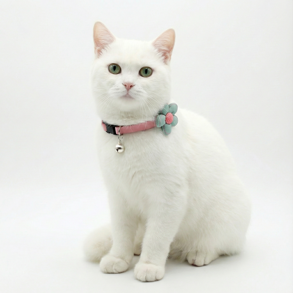 White cat wearing a pink collar with a turquoise flower and bell