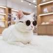 White cat wearing sunglasses in a store setting
