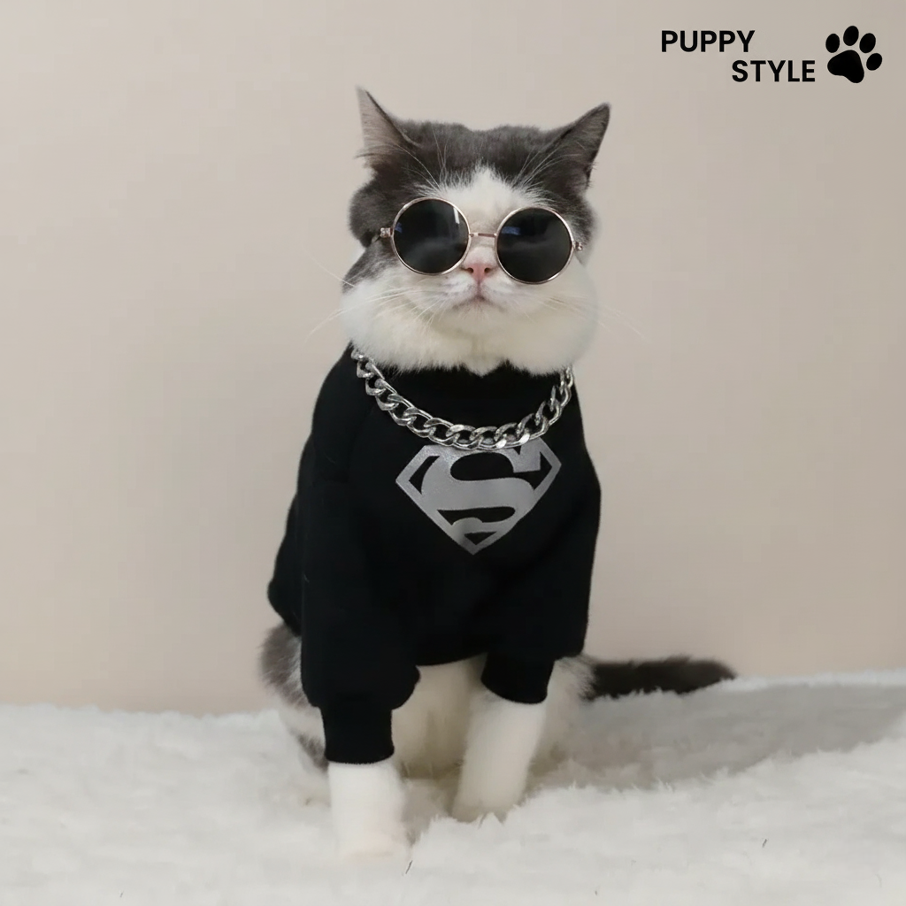 Cat wearing a black outfit with a Superman logo and sunglasses, branded 'Puppy Style'.
