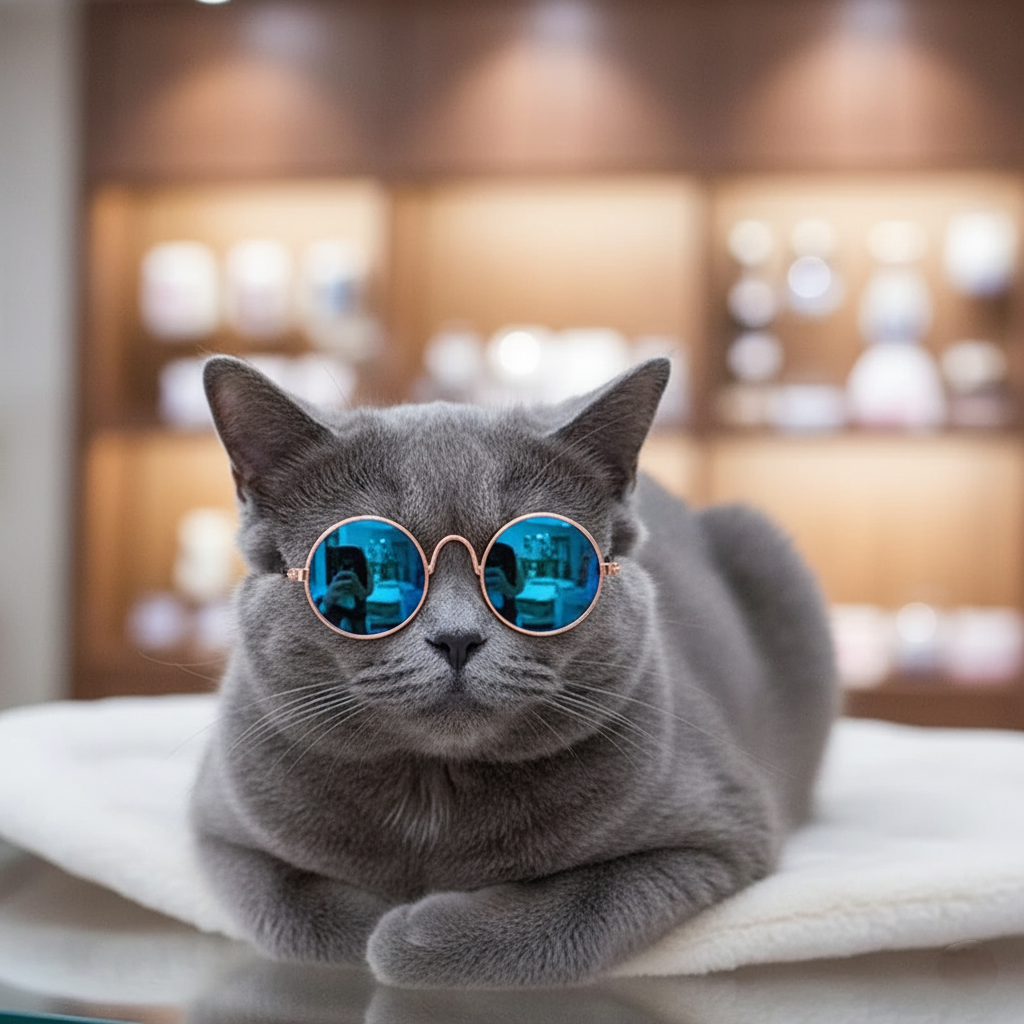 Gray cat wearing blue sunglasses on a blurred background