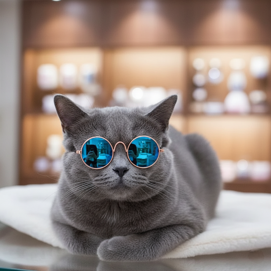 Gray cat wearing blue sunglasses on a blurred background