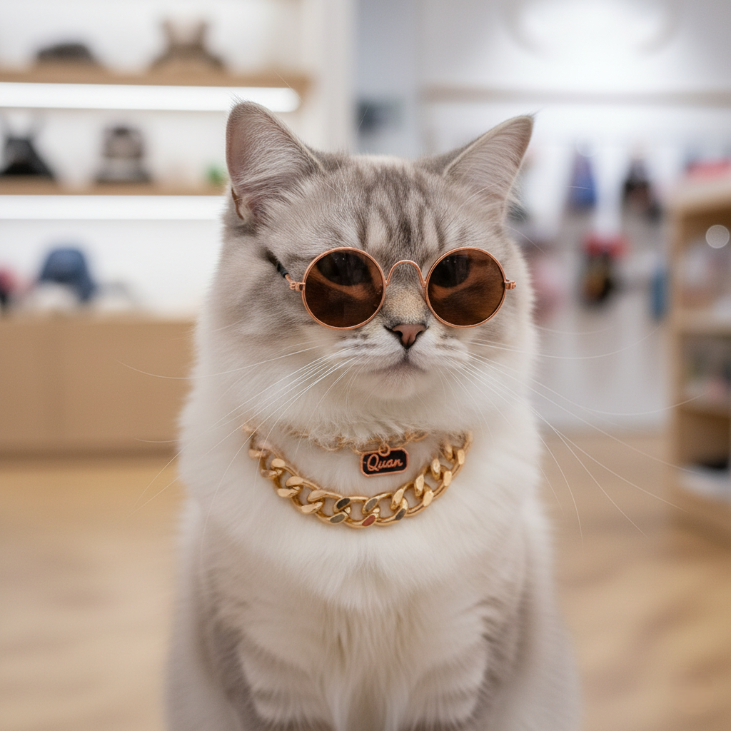 Cat wearing sunglasses and a gold chain collar in an indoor setting