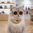 Cat wearing sunglasses and a gold chain collar in an indoor setting
