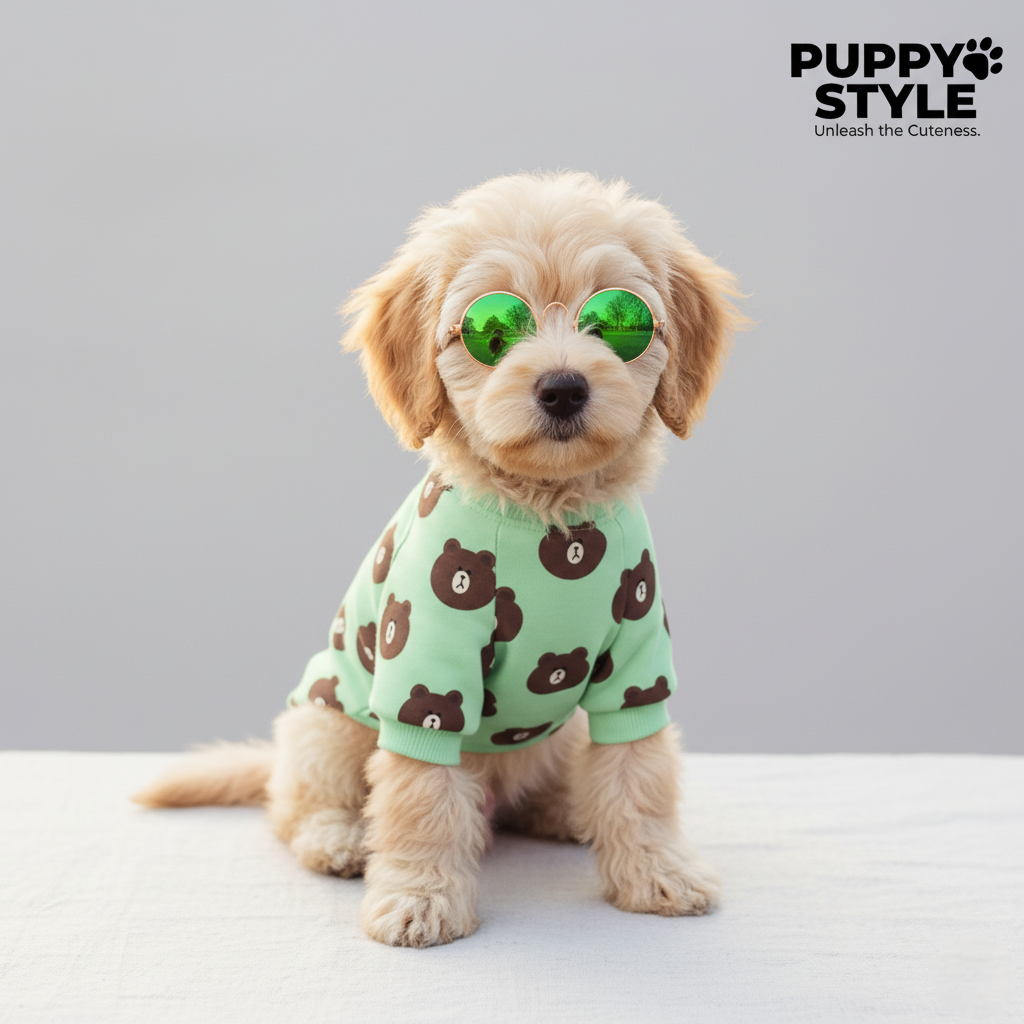 Small dog wearing a green outfit with brown bear patterns and green goggles on a gray background.