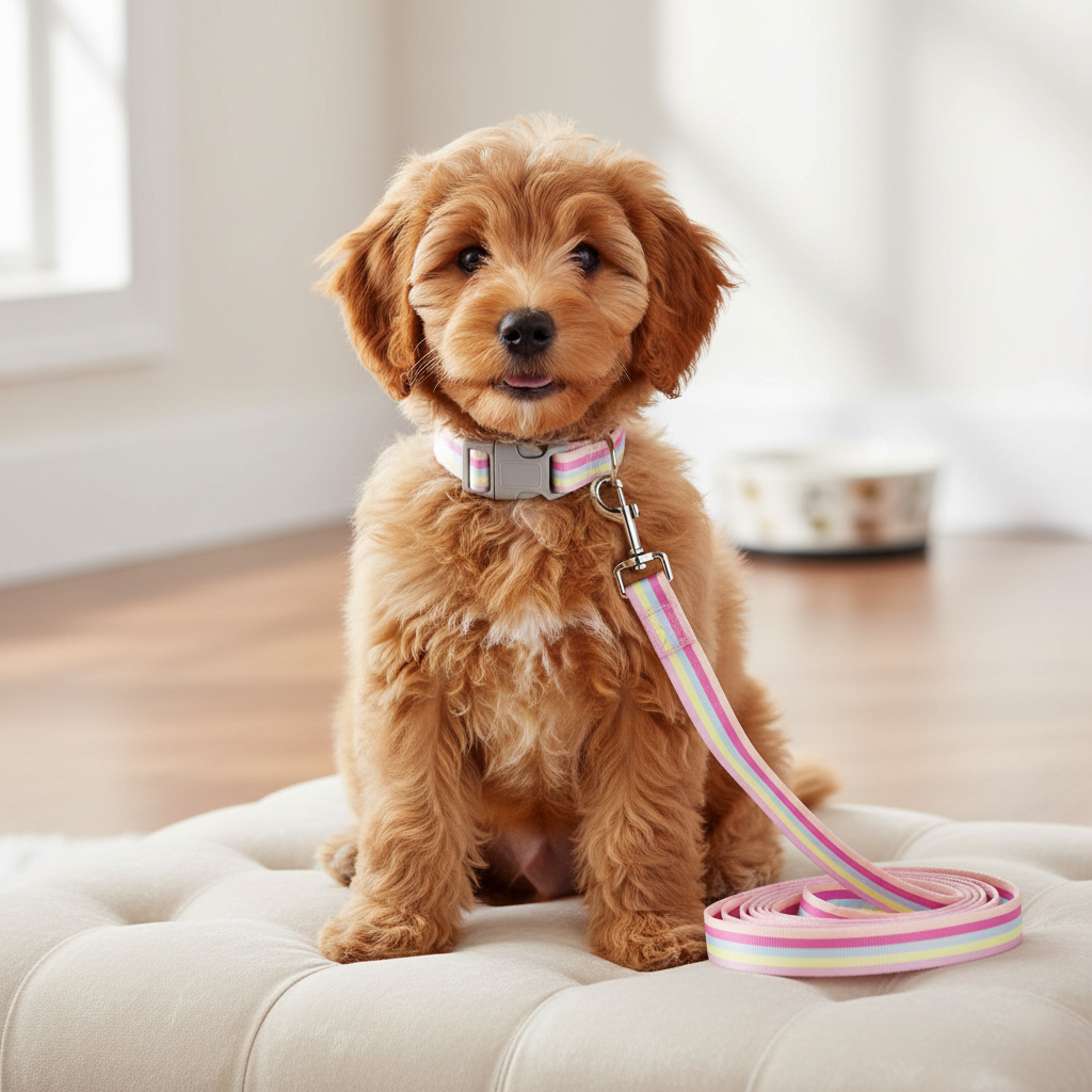 Puppy with a colorful leash on a light-colored couch