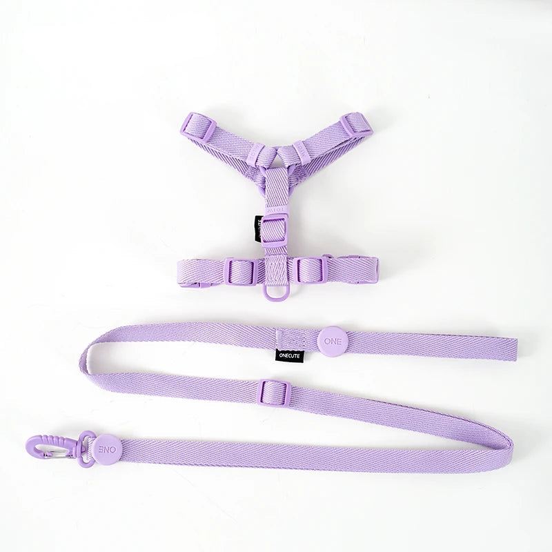 Purple dog harness and leash set on a white background