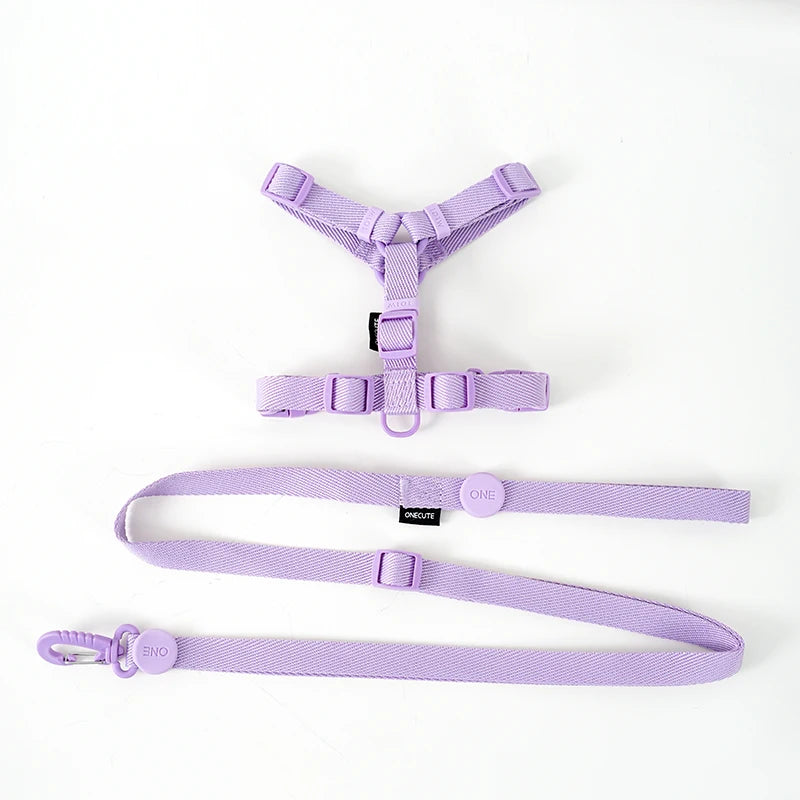 Purple dog harness and leash set on a white background