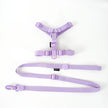 Purple dog harness and leash set on a white background