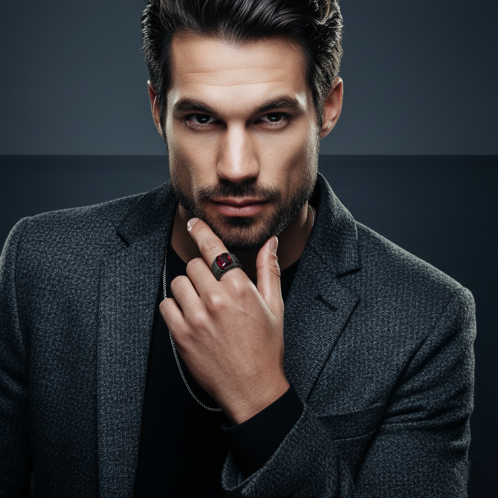 Man in a dark suit with a black ring with a red gemstone against a dark background