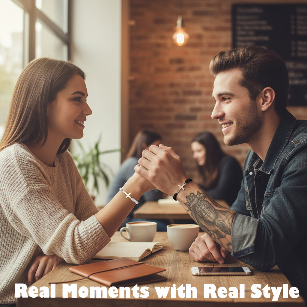 Two people sitting at a table in a cafe, holding hands with Black and white braided bracelets with a silver cross charm