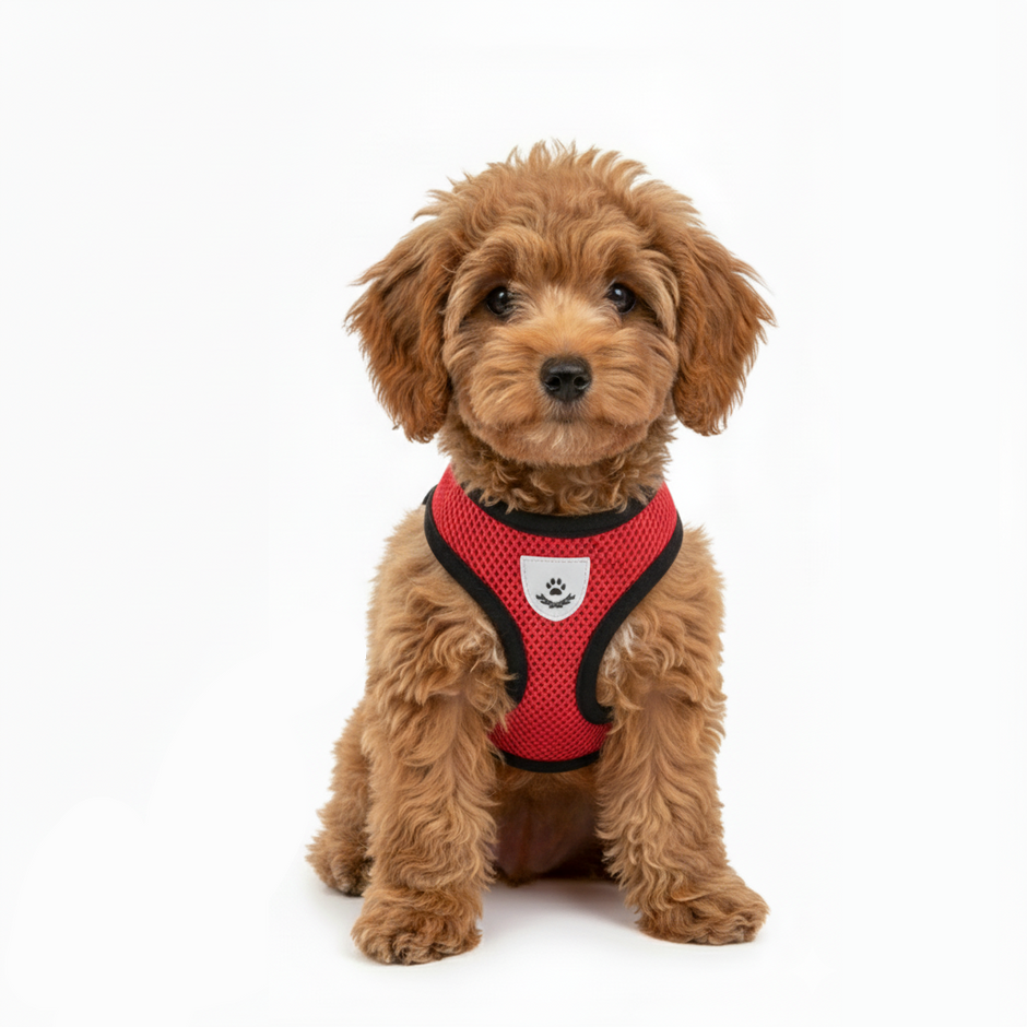 Brown dog wearing a red harness on a white background