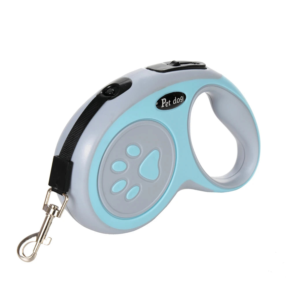 Retractable dog leash with blue and gray design on a white background