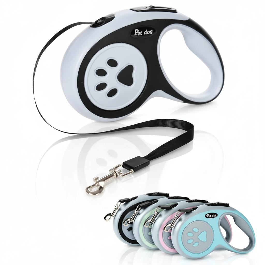 Retractable dog leash with multiple color options on a white background