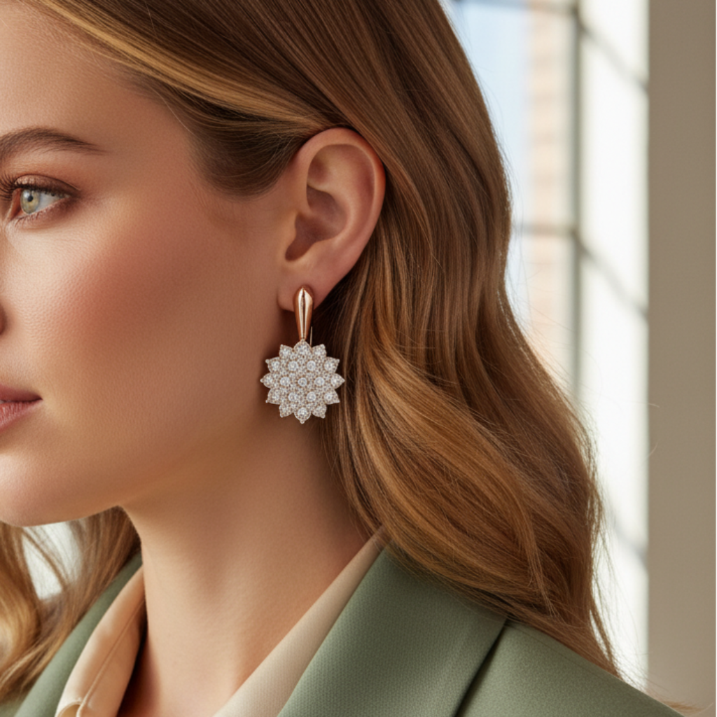 Woman wearing a stylish earring with a cityscape in the background
