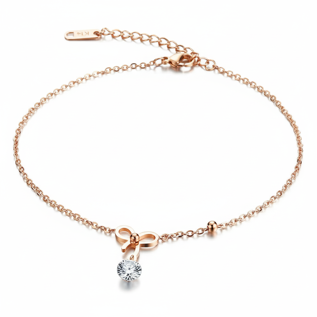 Rose gold anklet with bow and heart charm 