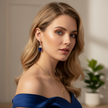 Woman wearing a blue off-shoulder top with jewelry, including Rose gold earrings with blue gemstones and a necklace, in a softly blurred indoor setting.