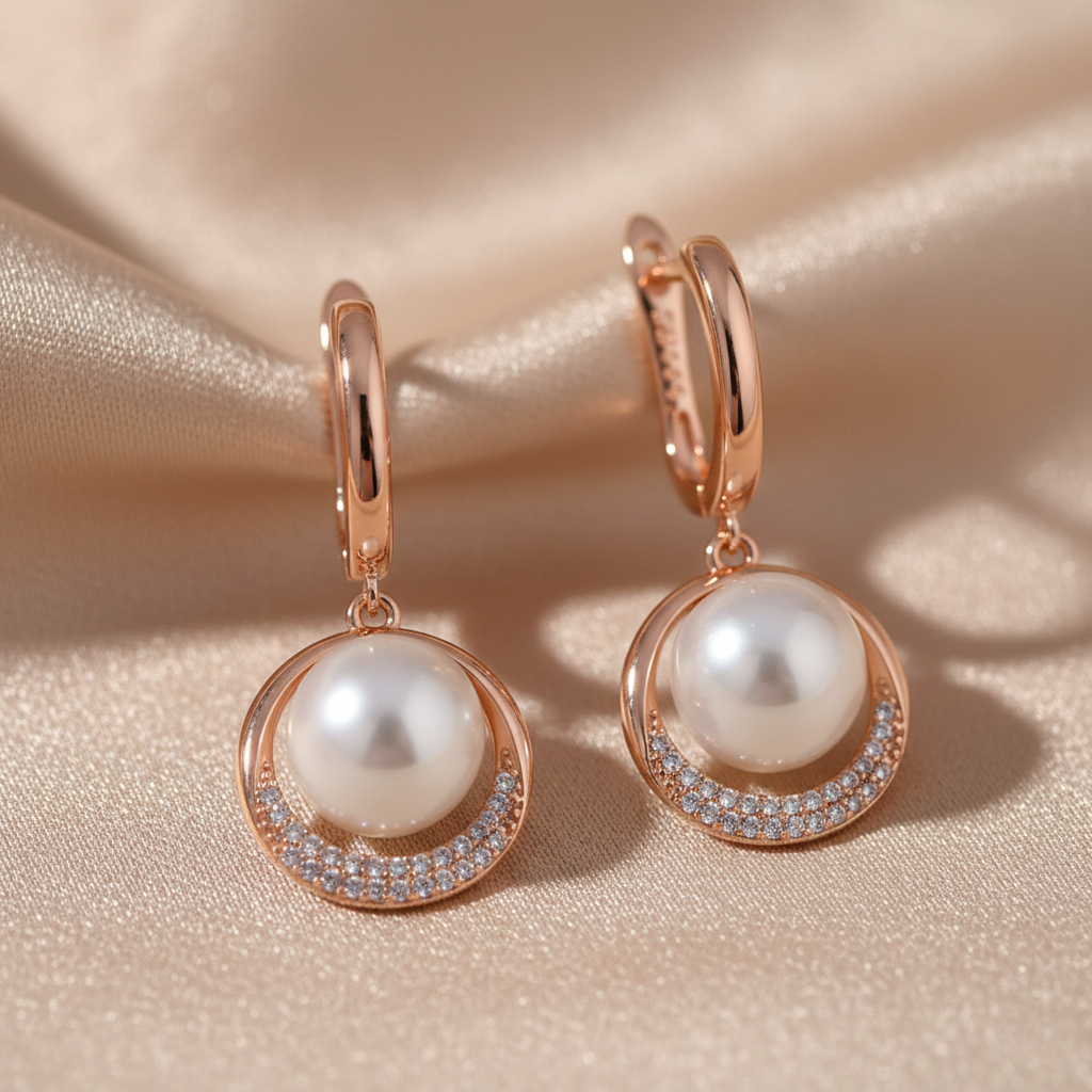 Rose gold earrings with pearls on a beige fabric background