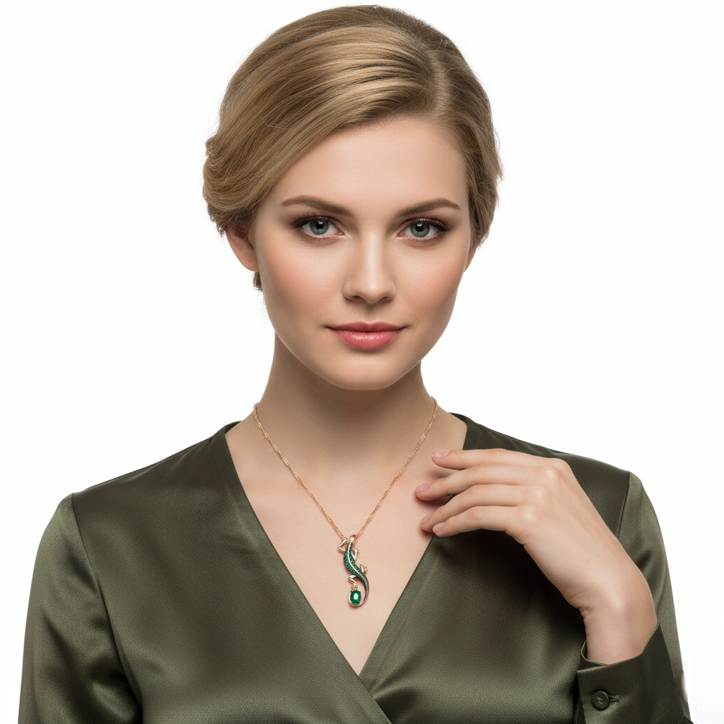 Woman wearing a green dress and necklace with a white background