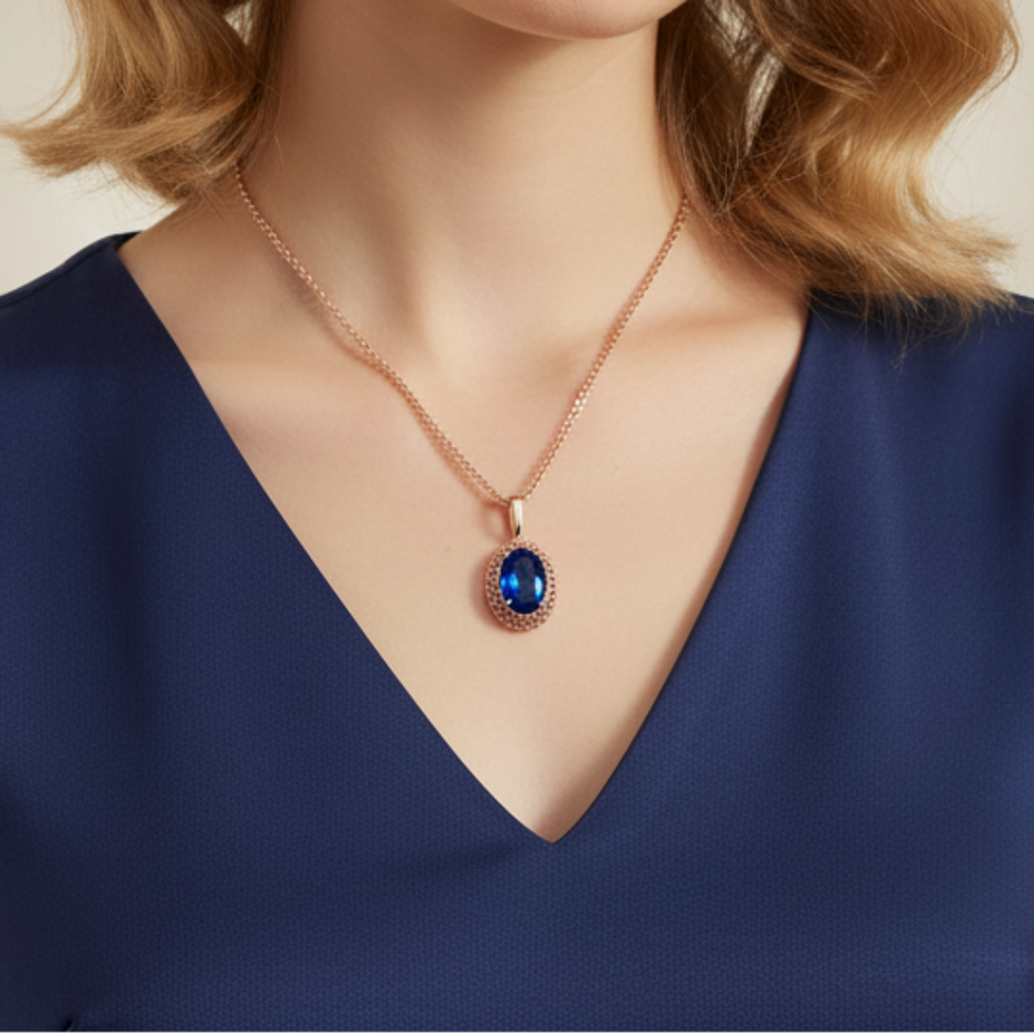 Woman wearing a blue dress with a necklace featuring a blue pendant against a beige background