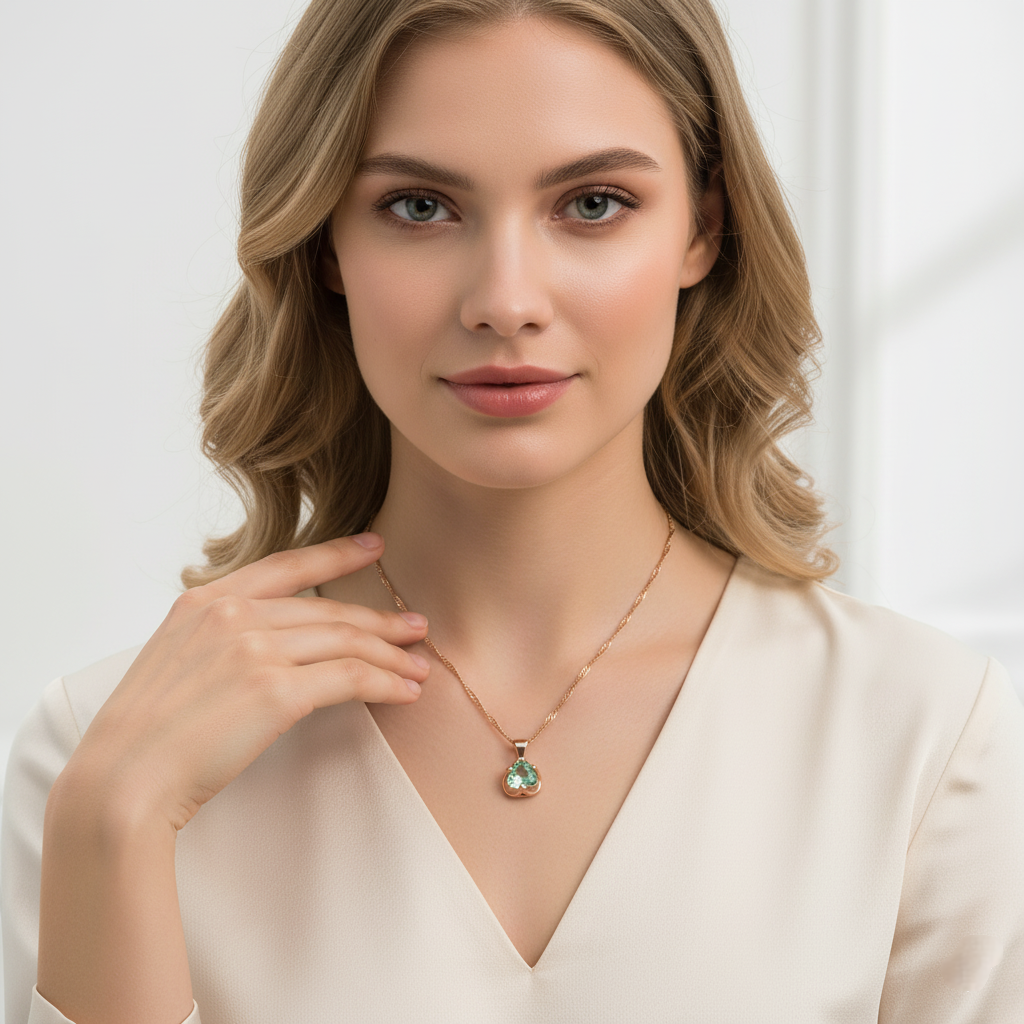 Woman wearing a necklace with a green pendant against a white background