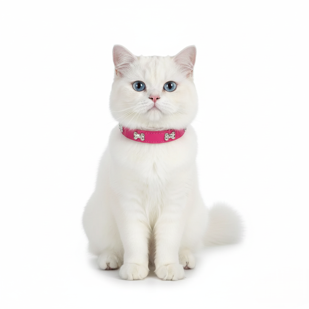 White cat wearing a Rose_red collar with a white background