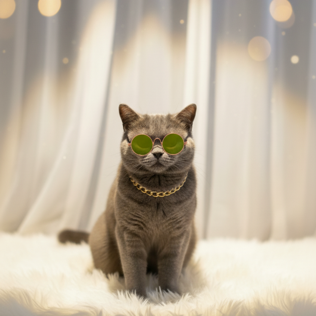 Cat wearing green sunglasses and a gold chain collar on a soft surface with a blurred curtain background