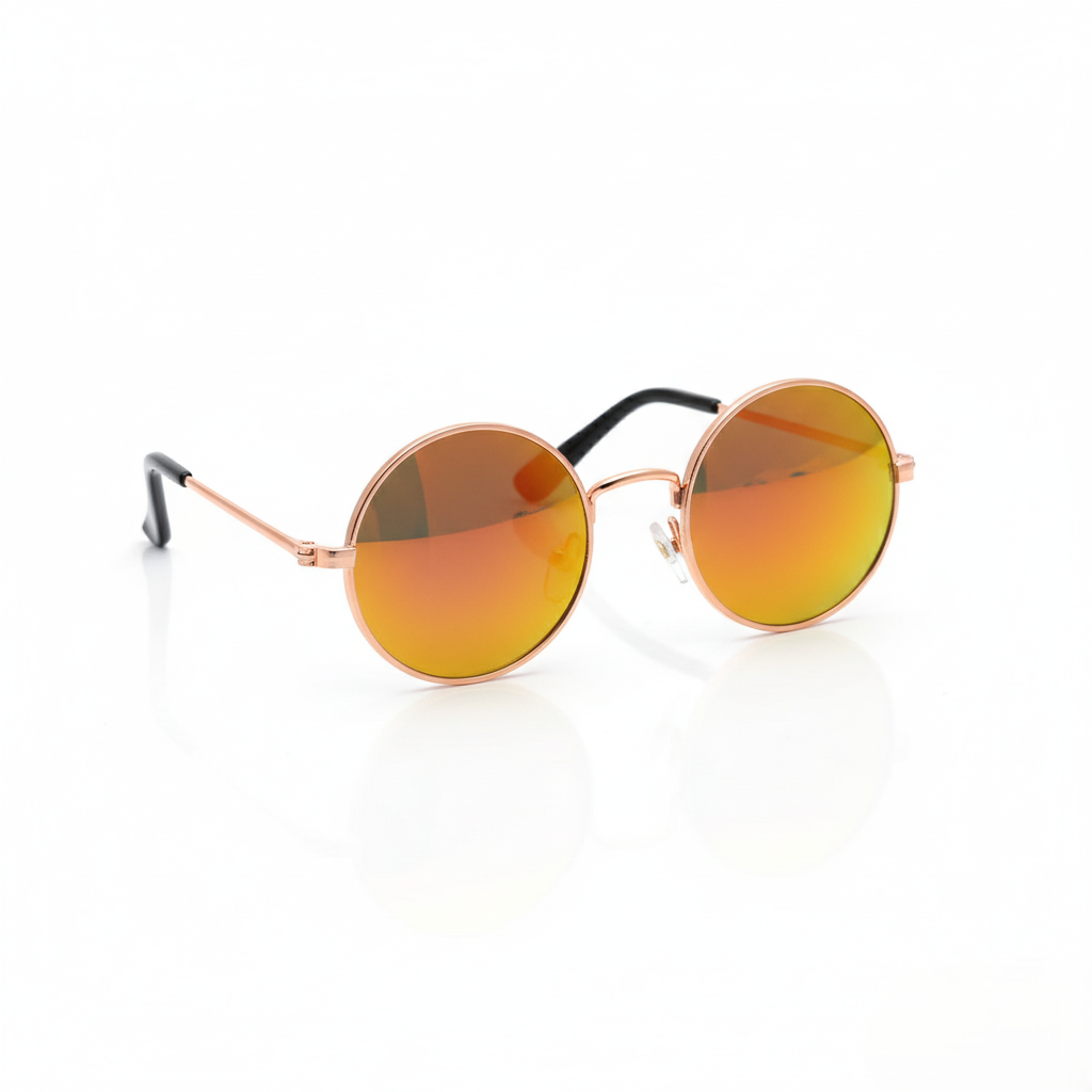 Round sunglasses with orange lenses and rose gold frame on a white background