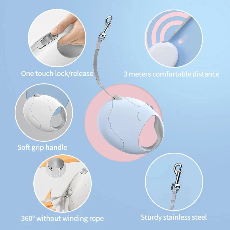 Product features with text on a blue background