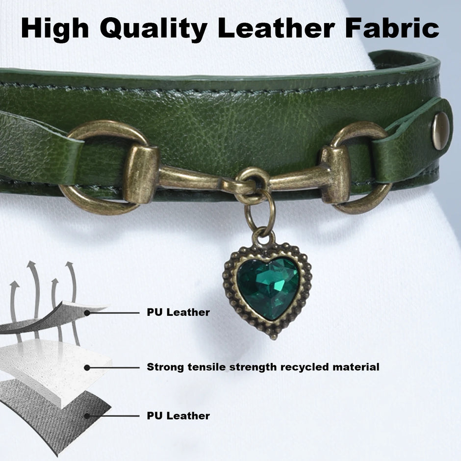 Green leather choker with heart-shaped pendant on a mannequin, labeled 'High Quality Leather Fabric'.