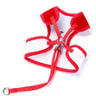 Red dog harness with a white background