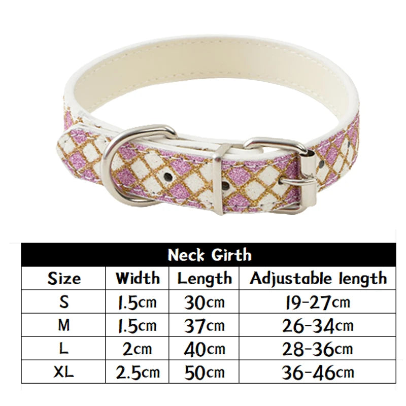 Dog collar with pink and gold pattern and size chart on a white background