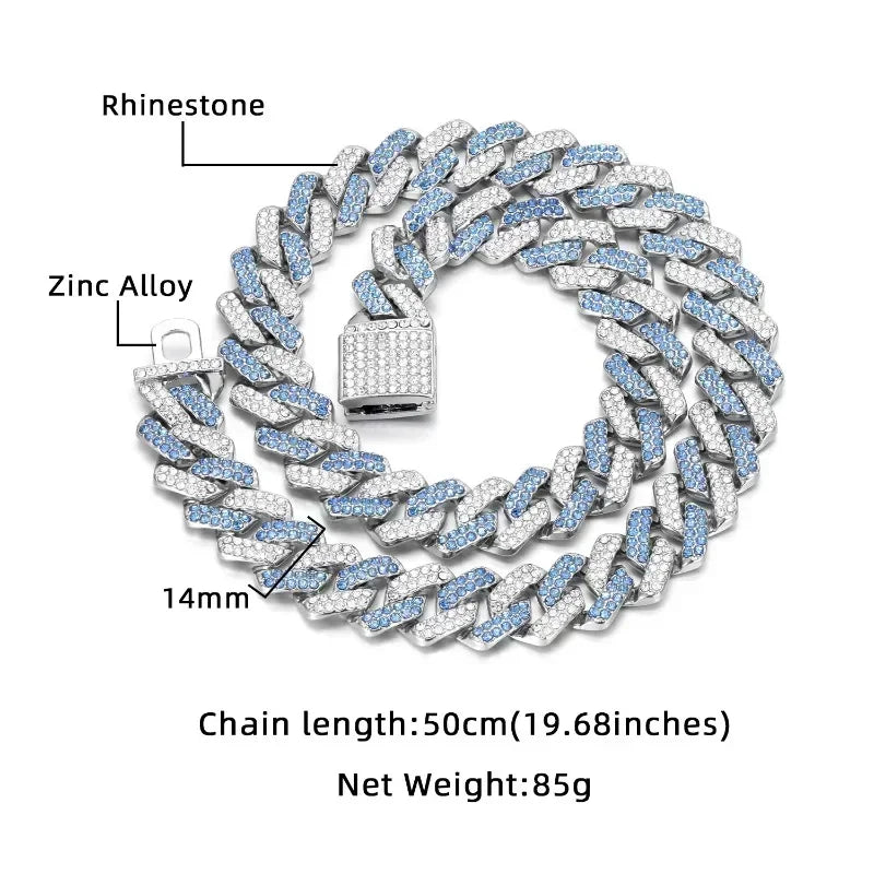 Silver and blue Cuban link chain necklace with rhinestones, labeled components, and product details on a white background