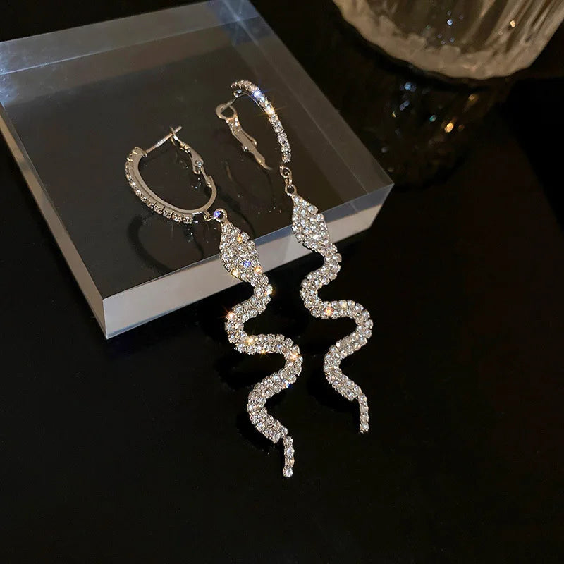 Silver snake-shaped earrings on a dark surface with a blurred background
